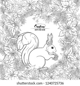 Squirrel eating a pine cone sitting on a Christmas wreath.  Outline hand drawing vector illustration. Ñoloring page for the adult coloring book.