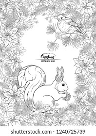 Squirrel eating a pine cone sitting on a Christmas wreath.  Outline hand drawing vector illustration. Ñoloring page for the adult coloring book.