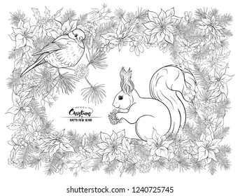 Squirrel eating a pine cone sitting on a Christmas wreath.  Outline hand drawing vector illustration. Ñoloring page for the adult coloring book.