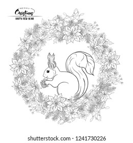 Squirrel eating a pine cone sitting on a Christmas wreath.  Outline hand drawing vector illustration. Coloring page for the adult coloring book.