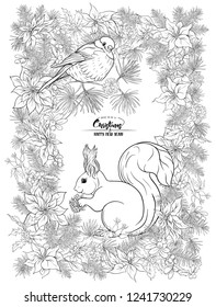 Squirrel eating a pine cone sitting on a Christmas wreath.  Outline hand drawing vector illustration. Coloring page for the adult coloring book.