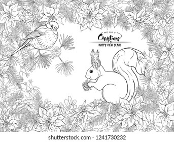 Squirrel eating a pine cone sitting on a Christmas wreath.  Outline hand drawing vector illustration. Coloring page for the adult coloring book.