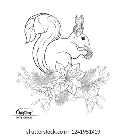 Squirrel eating a pine cone sitting on a Christmas wreath.  Outline hand drawing vector illustration. Coloring page for the adult coloring book.