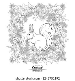 Squirrel eating a pine cone sitting on a Christmas wreath.  Outline hand drawing vector illustration. Coloring page for the adult coloring book.