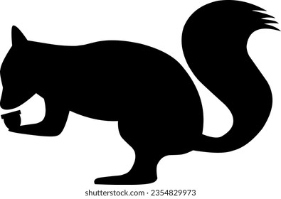 Squirrel eats acorn silhouette icon vector illustration. Simple squirrel icon for fall season design. Autumn graphic resource for icon, sign, symbol or decoration. Silhouette of squirrel and acorn