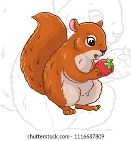 Squirrel eats berries. A cartoon character.