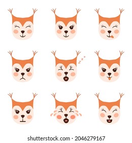 Squirrel emoji heads set isolated on white. All kinds of emotios as sad, puzzled, happy etc.