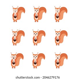 Squirrel emoji heads set isolated on white. All kinds of emotios as sad, puzzled, happy etc.