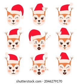 Squirrel emoji heads set with santa hat isolated on white. All kinds of emotios as sad, puzzled, happy etc.