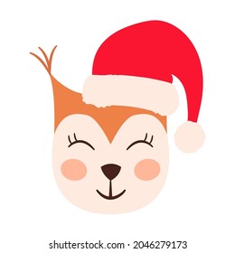 Squirrel emoji heads set with santa hat isolated on white. All kinds of emotios as sad, puzzled, happy etc.