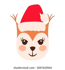 Squirrel emoji heads set with santa hat isolated on white. All kinds of emotios as sad, puzzled, happy etc.