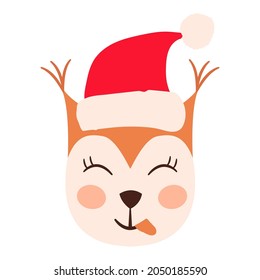 Squirrel emoji heads set with santa hat isolated on white. All kinds of emotios as sad, puzzled, happy etc.