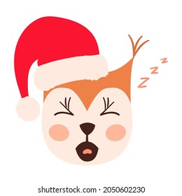 Squirrel emoji heads set with santa hat isolated on white. All kinds of emotios as sad, puzzled, happy etc.