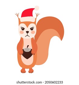 Squirrel emoji heads set with santa hat isolated on white. All kinds of emotios as sad, puzzled, happy etc.