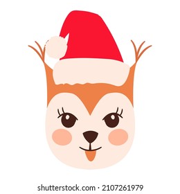 Squirrel emoji heads set with santa hat isolated on white. All kinds of emotios as sad, puzzled, happy etc.