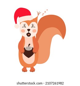 Squirrel emoji heads set with santa hat isolated on white. All kinds of emotios as sad, puzzled, happy etc.
