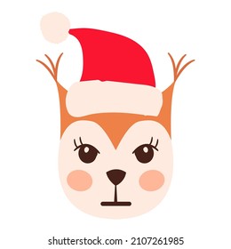 Squirrel emoji heads set with santa hat isolated on white. All kinds of emotios as sad, puzzled, happy etc.