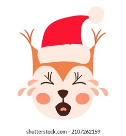 Squirrel emoji heads set with santa hat isolated on white. All kinds of emotios as sad, puzzled, happy etc.