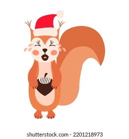 Squirrel emoji heads set with santa hat isolated on white. All kinds of emotios as sad, puzzled, happy etc.