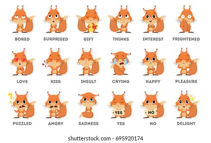 Squirrel emoji sticker set on white background. All kinds of emotios as sad, puzzled and happy.