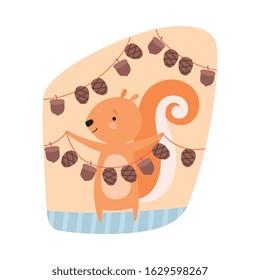 Squirrel Engaged in Hanging Acorns on the Rope Vector Illustration