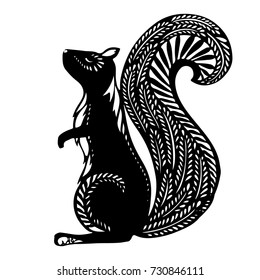 Squirrel With ethnic patterns, black silhouette on a white background.Vector
