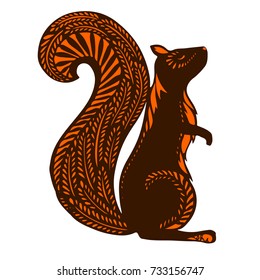 Squirrel with ethnic patterns, brown silhouette on a white background.The cartoon Vector