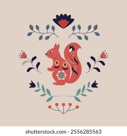 Squirrel in ethnic style painted with flowers. Scandinavian style illustration Folk Art	
