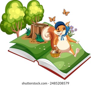 Squirrel exploring a magical open book forest