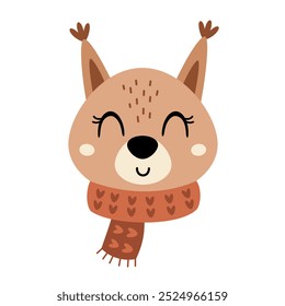 Squirrel face clipart. Cute squirrel  head clipart. Autumn animal character. Hand drawn vector illustration in flat style	