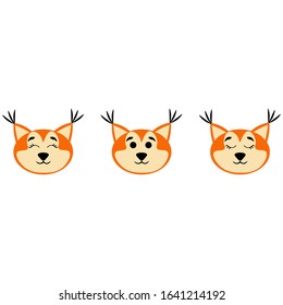 Squirrel faces with open and closed eyes isolated on white background. Stock vector illustration for decoration and design, postcards, fabrics, packaging, children's textiles, poster, banner, book