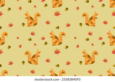 Squirrel with falling leaves wallpaper seamless pattern