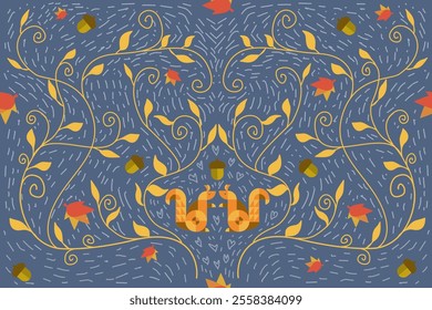 Squirrel with falling leaves wallpaper seamless pattern