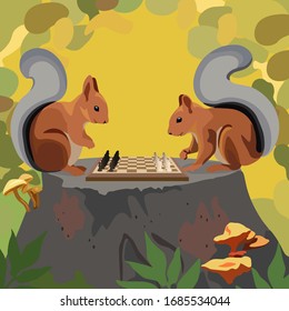Squirrel family play chess, stay home and play games, realistic flat vector illustration.