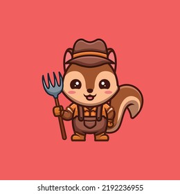 Squirrel Farmer Cute Creative Kawaii Cartoon Mascot Logo