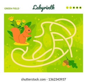 Squirrel finding nut. Maze game for kids. Labyrinth. Vector illustration in cartoon style.