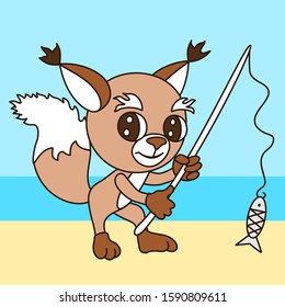 squirrel fisherman stands on the shore of a reservoir and holds in his hands a fishing rod with caught fish, color vector clip art on isolated background