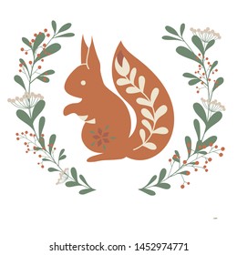 Squirrel in a floral wreath. Scandinavian style hand drawn vector illustration. Folk print for T-shirt, cup design and etc.