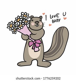 Squirrel with flower bouquet say I love you baby cartoon vector illustration