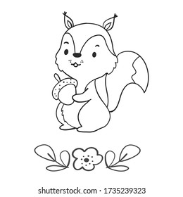 Squirrel with flower coloring page. Cute hand drawn vector illustration with squirrel. Baby squirrel fantasy character for coloring.