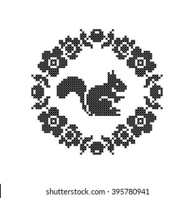 Squirrel. Flowers. Floral frame. Cross stitch. Scheme of knitting and embroidery. Vector.