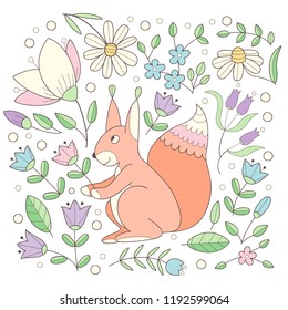 Squirrel with flowers forest illustration.