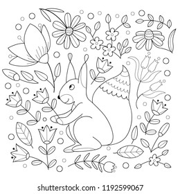 Squirrel with flowers forest illustration. Coloring page for kids and adults. Black and white outline illustration.