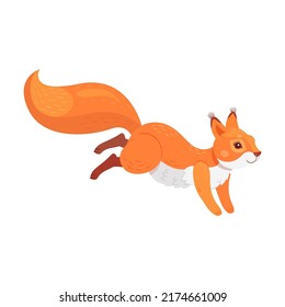 Squirrel, fluffy cartoon animal with furry tail holding nut, jumping, moving. Flat vector illustrations for wildlife, mammals, forest fauna