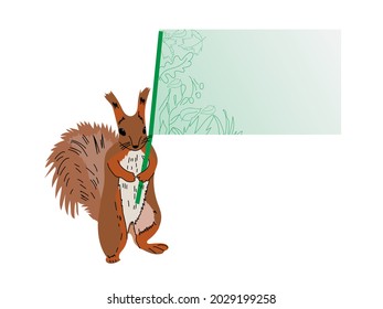 A squirrel with a fluffy tail stands on its hind legs and holds a flag, a poster with a place for your text on a white isolated background. Colored flat illustration for kids creativity, winter cards,