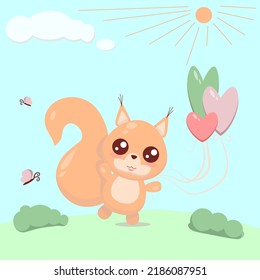 Squirrel in fores with balloons and butterfly in sunny day cartoon illustration