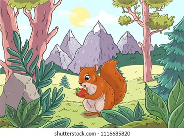 Squirrel in the forest against the background of nature. Against the backdrop of the mountain, trees, spruce and meadow. The squirrel eats berries. Cartoon style.