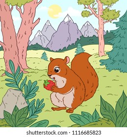 Squirrel in the forest against the background of nature. Against the backdrop of the mountain, trees, spruce and meadow. The squirrel eats berries. Cartoon style.
