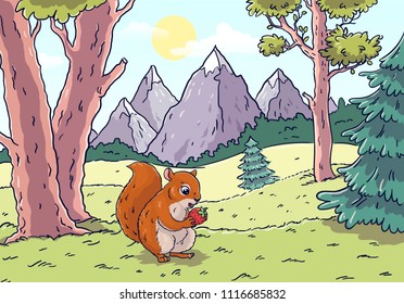 Squirrel in the forest against the background of nature. Against the backdrop of the mountain, trees, spruce and meadow. The squirrel eats berries. Cartoon style.