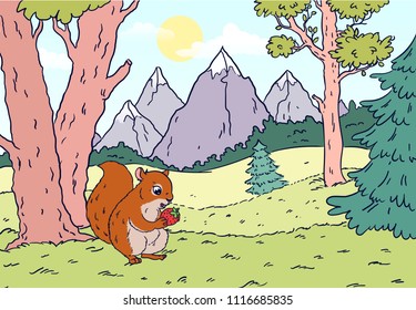Squirrel in the forest against the background of nature. Against the backdrop of the mountain, trees, spruce and meadow. The squirrel eats berries. Cartoon style.